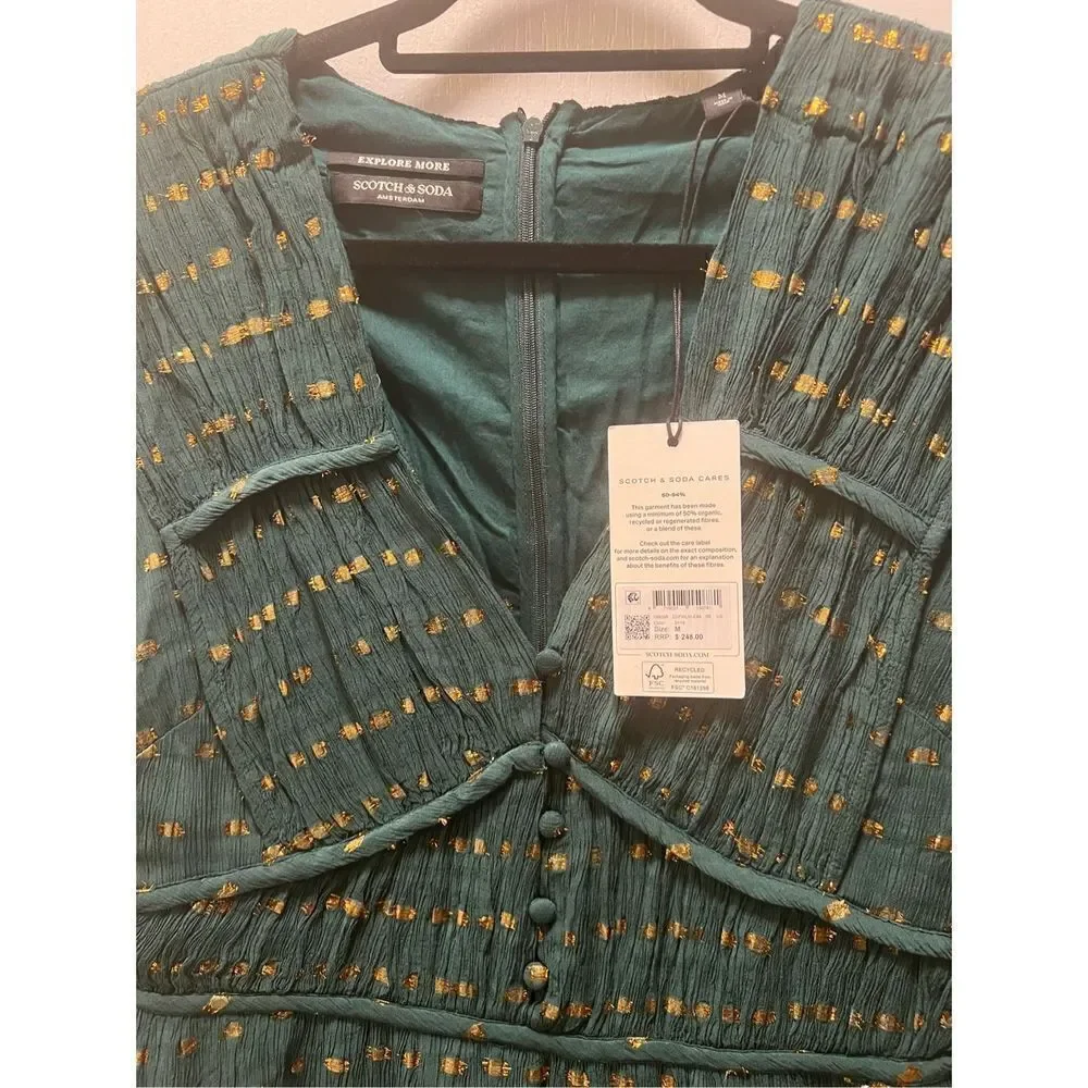 Scotch & Soda Long Sleeved Lurex Jacquard Ruffle Green Dress size M NWT$248 - Picture 8 of 9